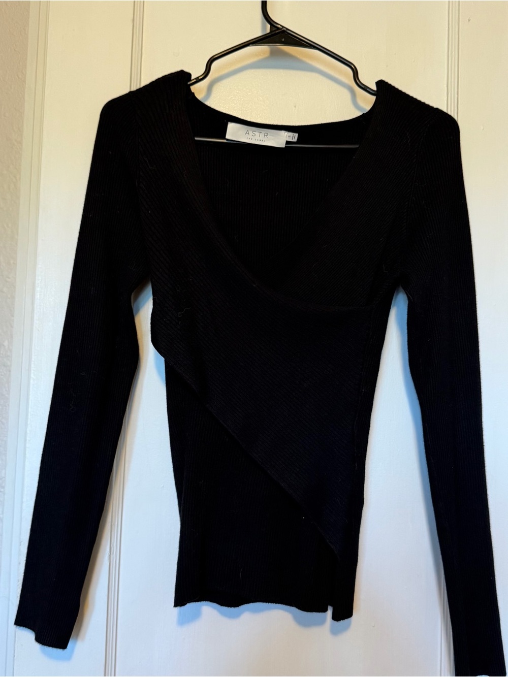 ASTR Black Long-Sleeve Wrap-Style Women’s top